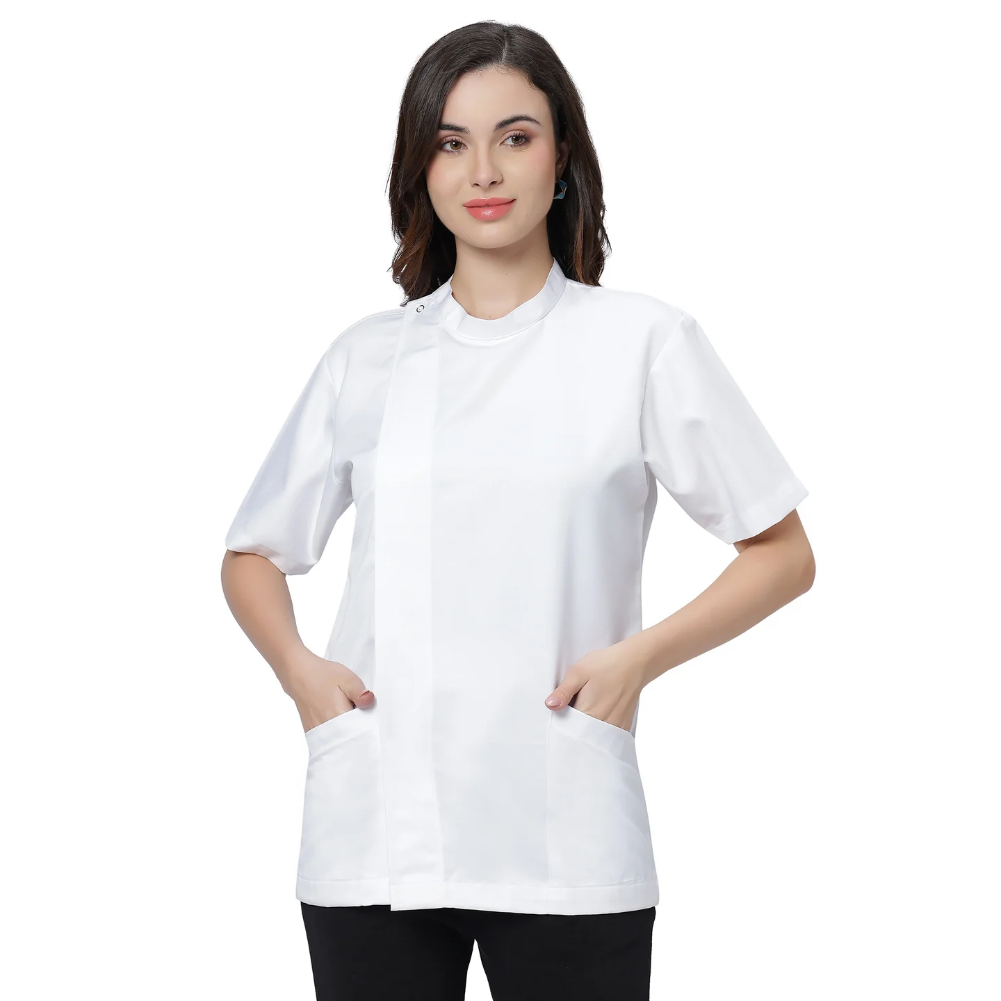 Classic Half Sleeve Chef Coat Snap Button (White) - Image 2