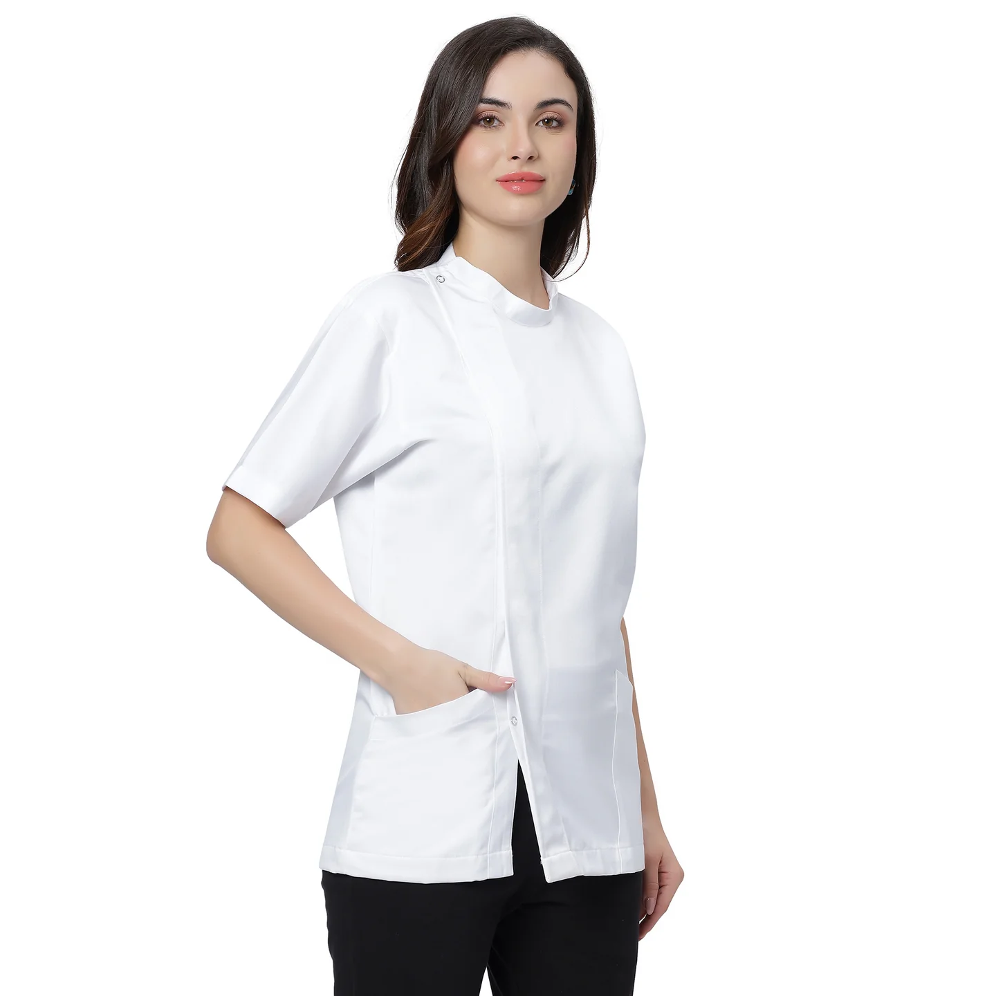 Classic Half Sleeve Chef Coat Snap Button (White) - Image 9
